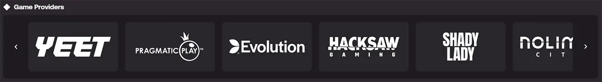 A horizontal Game Providers bar showing logos for YEET, Pragmatic Play, Evolution, Hacksaw Gaming, Shady Lady, and Nolimit City, displayed as dark rounded tiles with left/right navigation arrows.