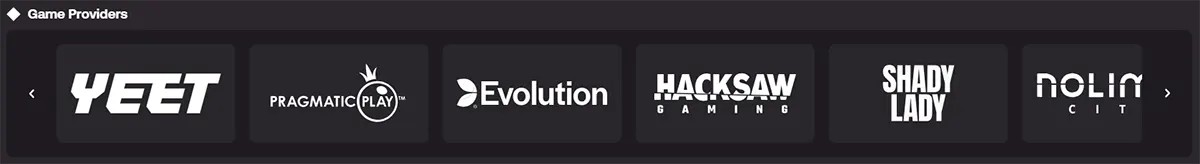 A dark horizontal “Game Providers” strip showing major studio logos in clean tiles: YEET – Pragmatic Play – Evolution – Hacksaw Gaming – Shady Lady – Nolimit City Minimal, premium UI with soft shadows and slider arrows on the sides.