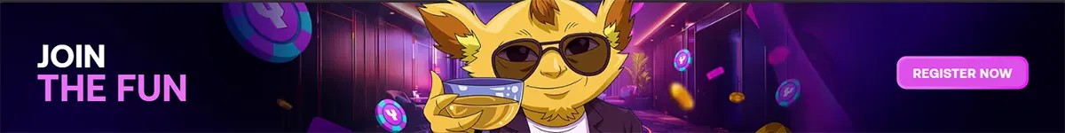 A wide promotional banner for a crypto-casino featuring: A cool fox mascot in sunglasses holding a drink Neon casino hallway with flying coins and crypto tokens Big CTA text “JOIN THE FUN” on the left Bright “REGISTER NOW” button on the right Overall neon, nightclub, crypto-casino vibe