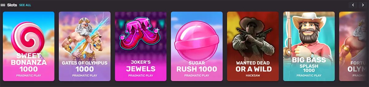 A slot carousel with colorful game tiles: Sweet Bonanza 1000, Gates of Olympus 1000, Joker’s Jewels, Sugar Rush 1000, Wanted Dead or a Wild, Big Bass Splash 1000 — each shown as bright, rounded cards in a horizontal scroll with “See all” and arrow navigation.